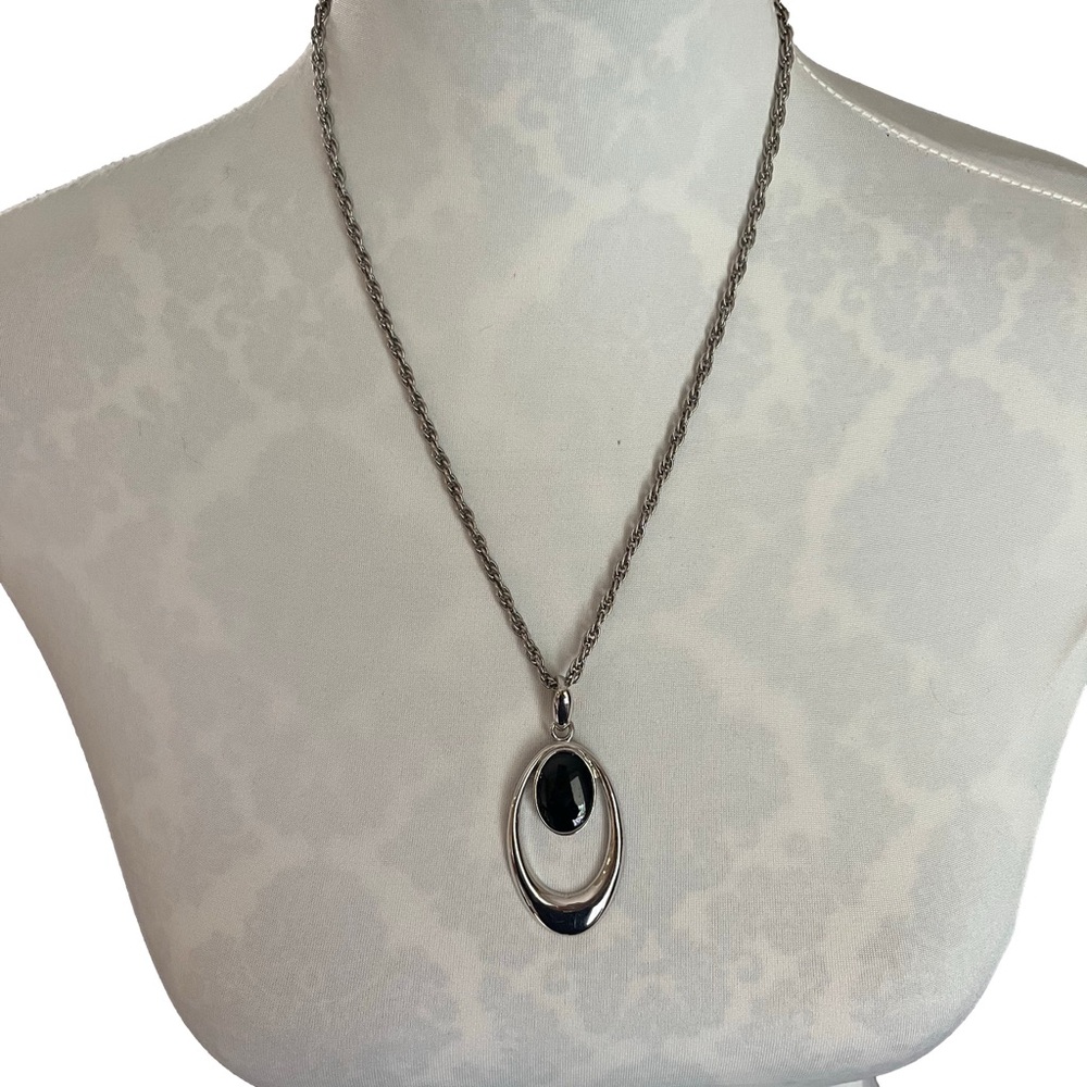 Vintage Silver Tone Rope Chain Necklace with Oval Pendant
